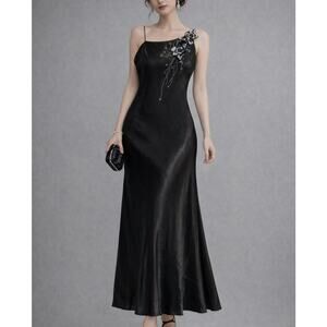 Y2K Black One Shoulder Long Formal Dress Womens Small Sequin Glam Prom Evening